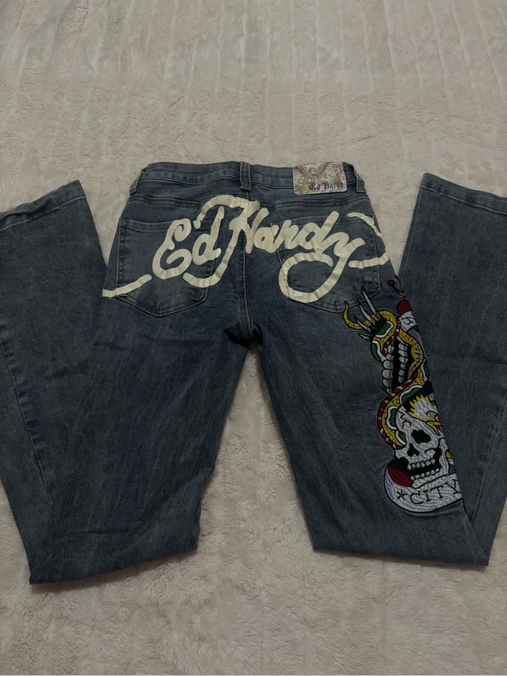 Ed Hardy Women’s Dark Blue Denim Jeans with Embroidered Skull Detail